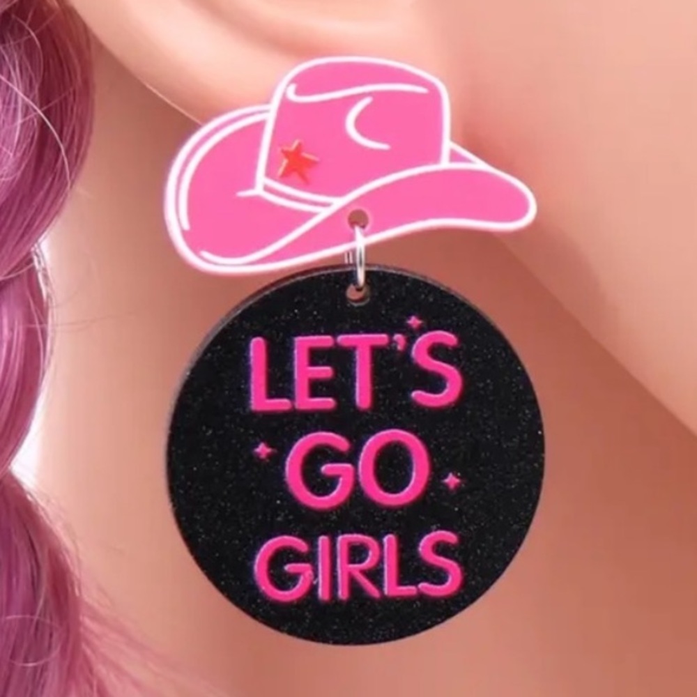“Let’s Go Girls” Pink Cowgirl Earrings Glitter Western Statement Jewelry